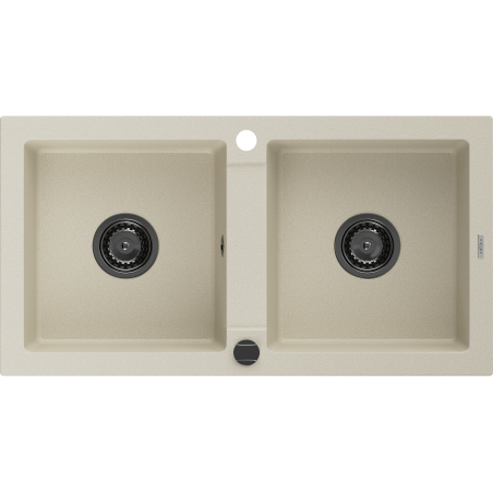 Mexen Mario Granitspüle 2-Becken 820 x 436 mm, beige, schwarzer Siphon - 6504822000-69-B