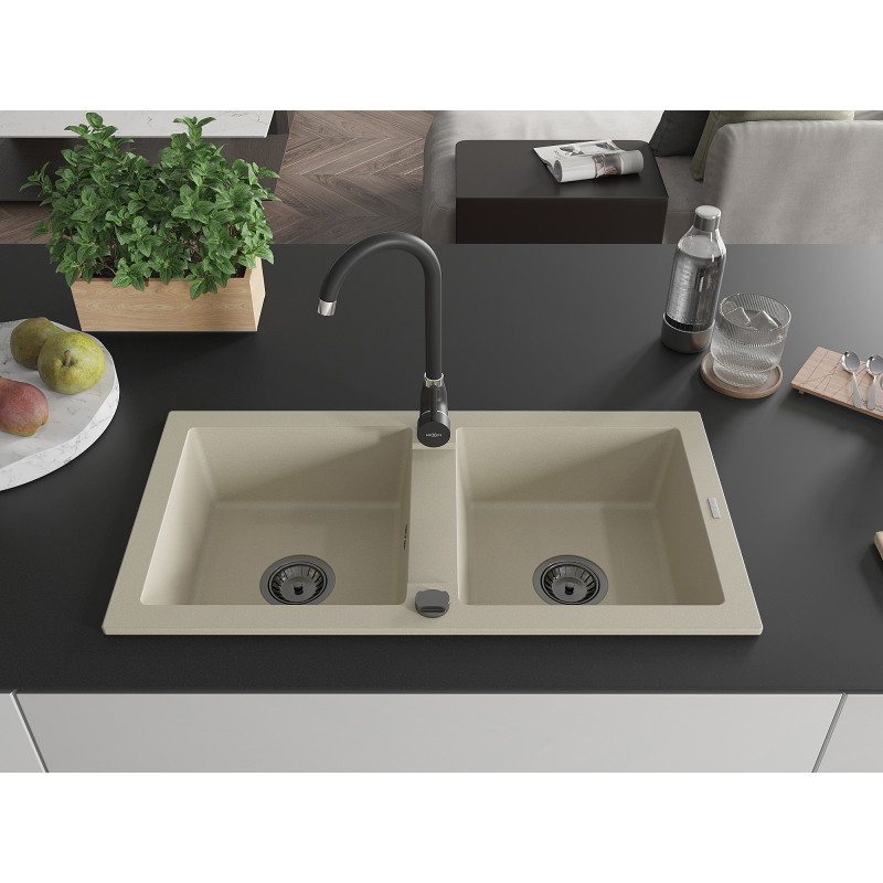 Mexen Mario granitspüle 2-fach 820 x 436 mm, beige, schwarzer siphon - 6504822000-69-B