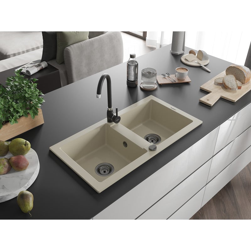 Mexen Mario Granitspüle 2-Becken 820 x 436 mm, beige, schwarzer Siphon - 6504822000-69-B