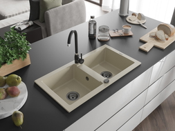 Mexen Mario Granitspüle 2-Becken 820 x 436 mm, beige, schwarzer Siphon - 6504822000-69-B