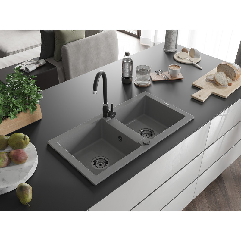 Mexen Mario Granitspüle 2-Kammer 820 x 436 mm, grau, schwarzer Siphon - 6504822000-71-B