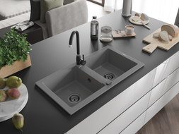 Mexen Mario Granitspüle 2-Kammer 820 x 436 mm, grau, schwarzer Siphon - 6504822000-71-B