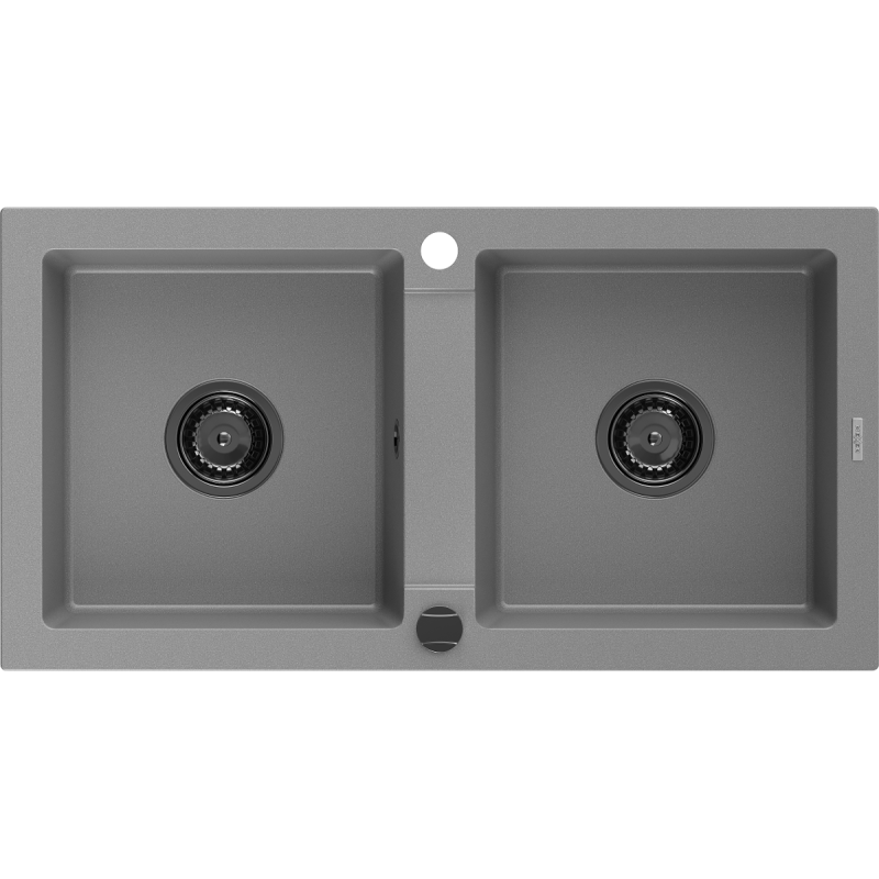 Mexen Mario Granitspüle 2-Kammer 820 x 436 mm, grau, schwarzer Siphon - 6504822000-71-B