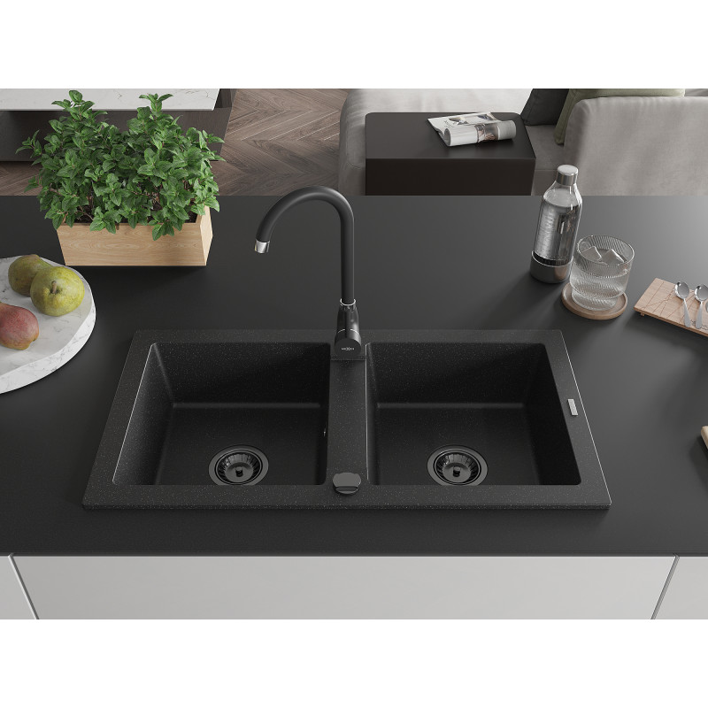 Mexen Mario Granitspüle 2-Kammer 820 x 436 mm, schwarz/silber metallic, schwarzer Siphon - 6504822000-73-B