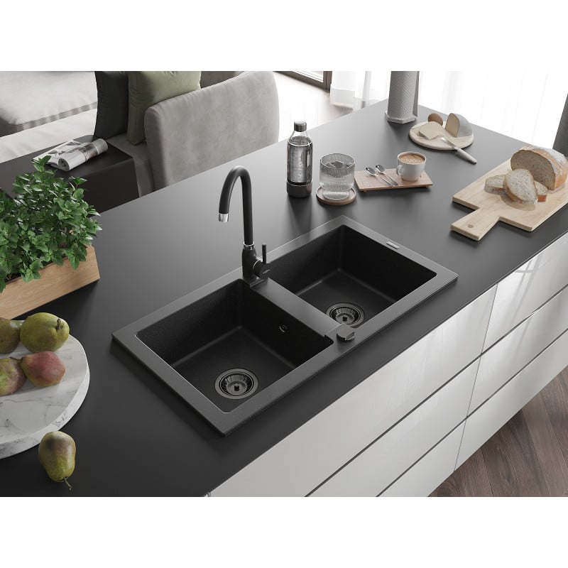 Mexen Mario Granitspüle 2-Kammer 820 x 436 mm, schwarz/silber metallic, schwarzer Siphon - 6504822000-73-B