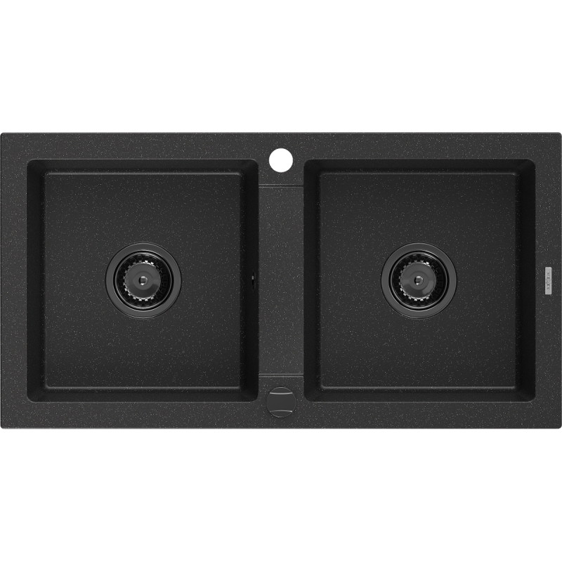 Mexen Mario granitspüle 2-becken 820 x 436 mm, schwarz/silber metallic, schwarzer siphon - 6504822000-73-B