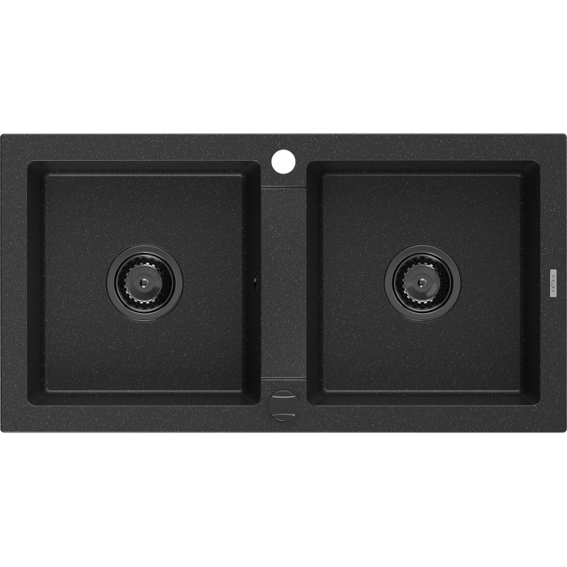 Mexen Mario Granitspüle 2-Kammer 820 x 436 mm, schwarz/silber metallic, schwarzer Siphon - 6504822000-73-B
