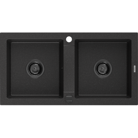 Mexen Mario granitspüle 2-becken 820 x 436 mm, schwarz/silber metallic, schwarzer siphon - 6504822000-73-B