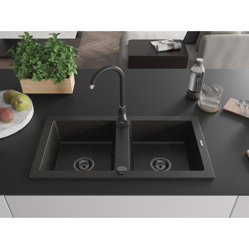 Mexen Mario Granit-Spüle 2-Kammer 820 x 436 mm, Schwarz/Gold-Metallik, schwarzer Siphon - 6504822000-75-B
