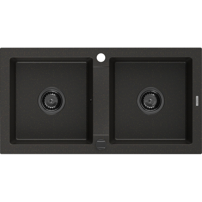 Mexen Mario Granitspüle 2-Becken 820 x 436 mm, schwarz/gold metallic, schwarzer Siphon - 6504822000-75-B