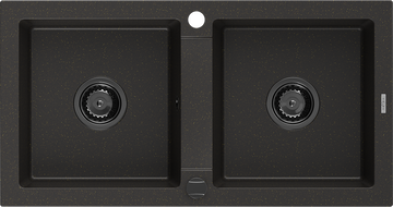 Mexen Mario Granitspüle 2-Fach 820 x 436 mm, Schwarz/Goldmetallic, Schwarzer Siphon - 6504822000-75-B