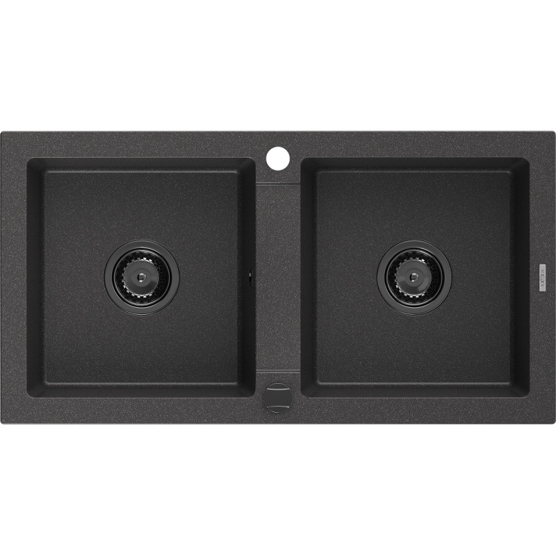 Mexen Mario Granit-Spülbecken 2-Kammer 820 x 436 mm, schwarz gesprenkelt, schwarzer Siphon - 6504822000-76-B