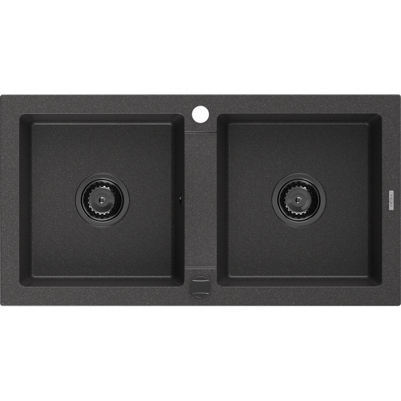 Mexen Mario Granitspüle 2-Becken 820 x 436 mm, schwarz gesprenkelt, schwarzer Siphon - 6504822000-76-B