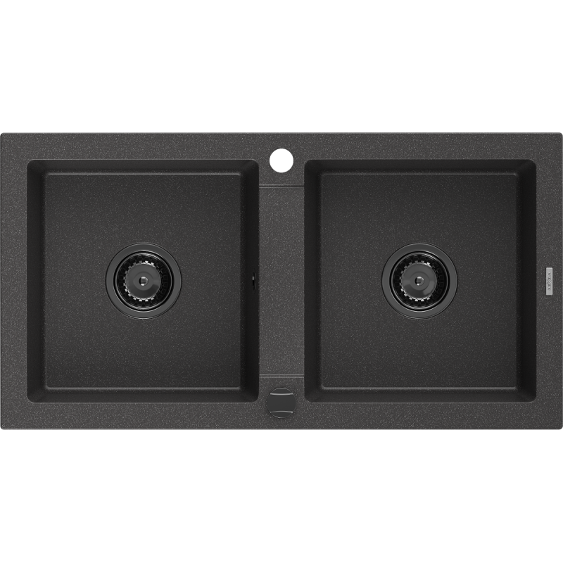 Mexen Mario Granitspüle 2-Kammer 820 x 436 mm, schwarz gesprenkelt, schwarzer Siphon - 6504822000-76-B
