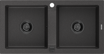 Mexen Mario Granitspüle 2-Becken 820 x 436 mm, schwarz gesprenkelt, schwarzer Siphon - 6504822000-76-B