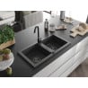 Mexen Mario Granitspüle 2-Becken 820 x 436 mm, schwarz gesprenkelt, schwarzer Siphon - 6504822000-76-B
