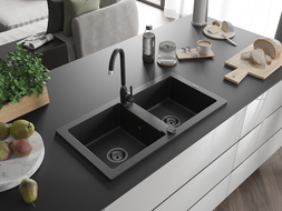 Mexen Mario 2-Becken-Granit-Spülbecken 820 x 436 mm, Schwarz, Siphon Schwarz - 6504822000-77-B
