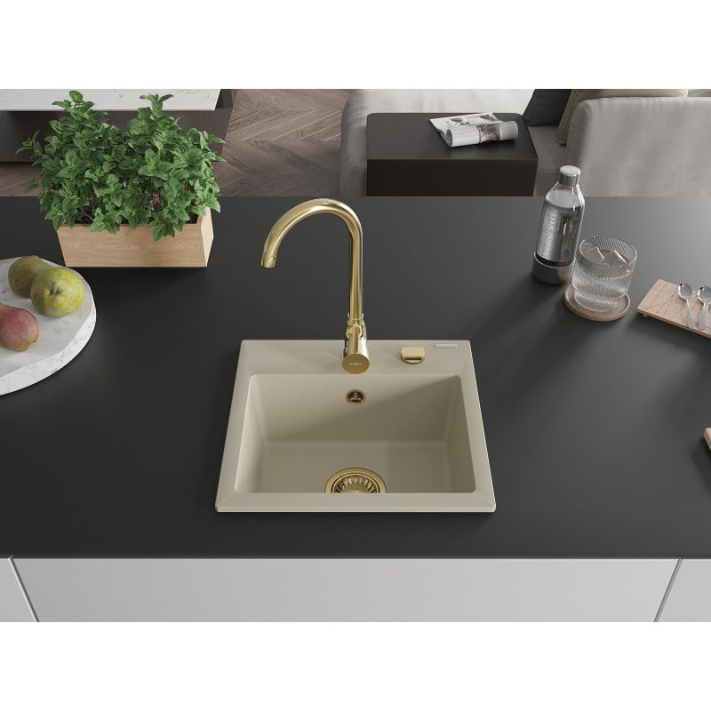 Mexen Milo Granitspüle 1-beckig 435 x 410 mm, beige, goldener Siphon - 6505441000-69-G