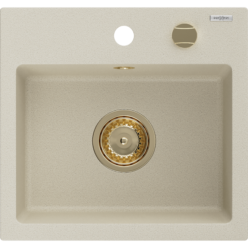 Mexen Milo Granitspüle 1-beckig 435 x 410 mm, beige, goldener Siphon - 6505441000-69-G