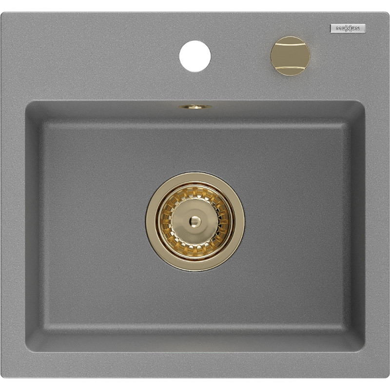 Mexen Milo granitspüle 1-becken 435 x 410 mm, grau, goldener siphon - 6505441000-71-G