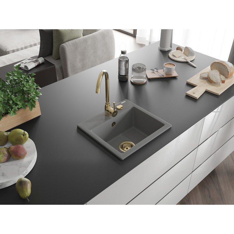 Mexen Milo Granitspüle 1-becken 435 x 410 mm, grau, Siphon gold - 6505441000-71-G
