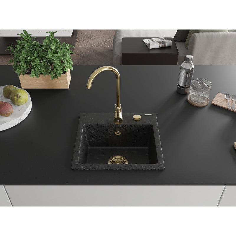 Mexen Milo Granitspüle 1-Becken 435 x 410 mm, schwarz/silber metallic, Siphon gold - 6505441000-73-G