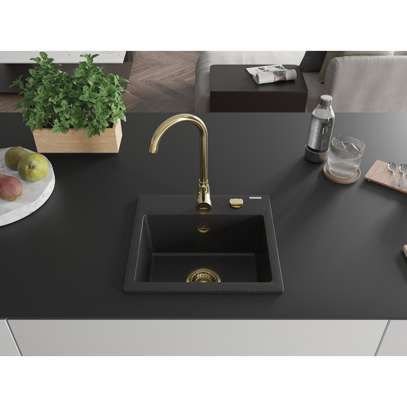 Mexen Milo Granitspüle 1-beckig 435 x 410 mm, schwarz/silber metallic, goldener Siphon - 6505441000-73-G