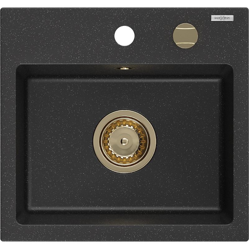 Mexen Milo Granitspüle 1-Kammer 435 x 410 mm, schwarz/silber metallic, goldener Siphon - 6505441000-73-G