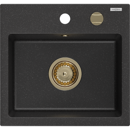 Mexen Milo Granitspüle 1-beckig 435 x 410 mm, schwarz/silber metallic, goldener Siphon - 6505441000-73-G