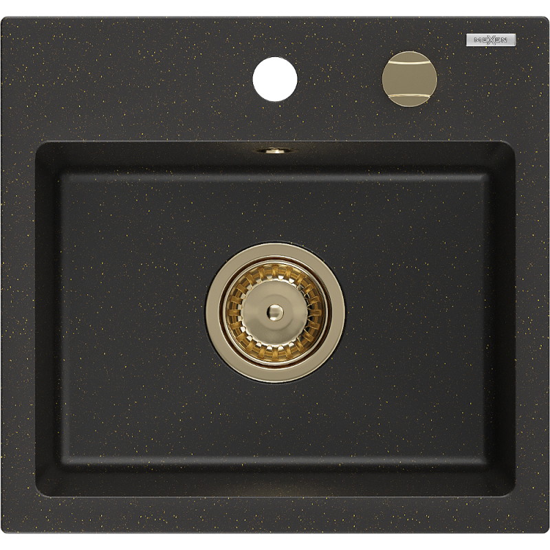Mexen Milo Granitspüle 1-Becken 435 x 410 mm, schwarz/gold metallisch, Siphon gold - 6505441000-75-G