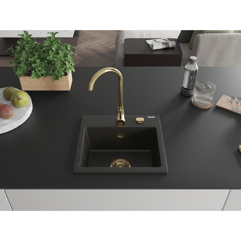 Mexen Milo Granitspüle 1-beckig 435 x 410 mm, schwarz/gold metallic, Siphon gold - 6505441000-75-G