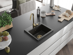 Mexen Milo 1-Becken-Granit-Spüle 435 x 410 mm, Schwarz/Gold metallisch, Siphon Gold - 6505441000-75-G