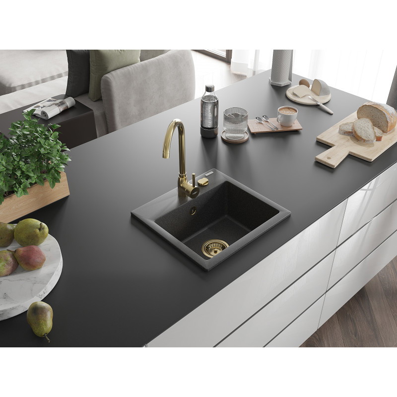 Mexen Milo Granitspüle 1-beckig 435 x 410 mm, schwarz gesprenkelt, goldener Siphon - 6505441000-76-G