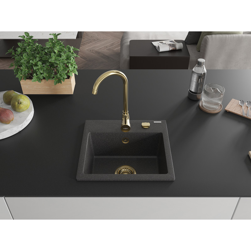 Mexen Milo Granitspüle 1-beckig 435 x 410 mm, schwarz gesprenkelt, goldener Siphon - 6505441000-76-G