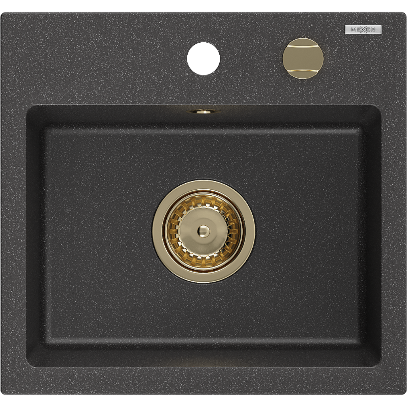 Mexen Milo Granitspüle 1-beckig 435 x 410 mm, schwarz gesprenkelt, goldener Siphon - 6505441000-76-G