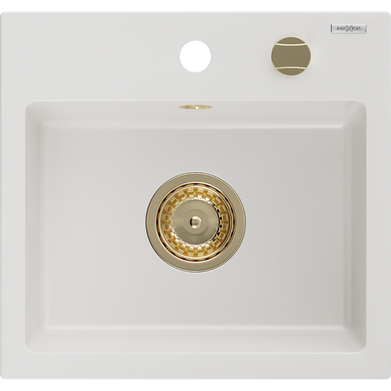Mexen Milo Granitspüle 1-Becken 435 x 410 mm, weiß, goldener Siphon - 6505441000-20-G