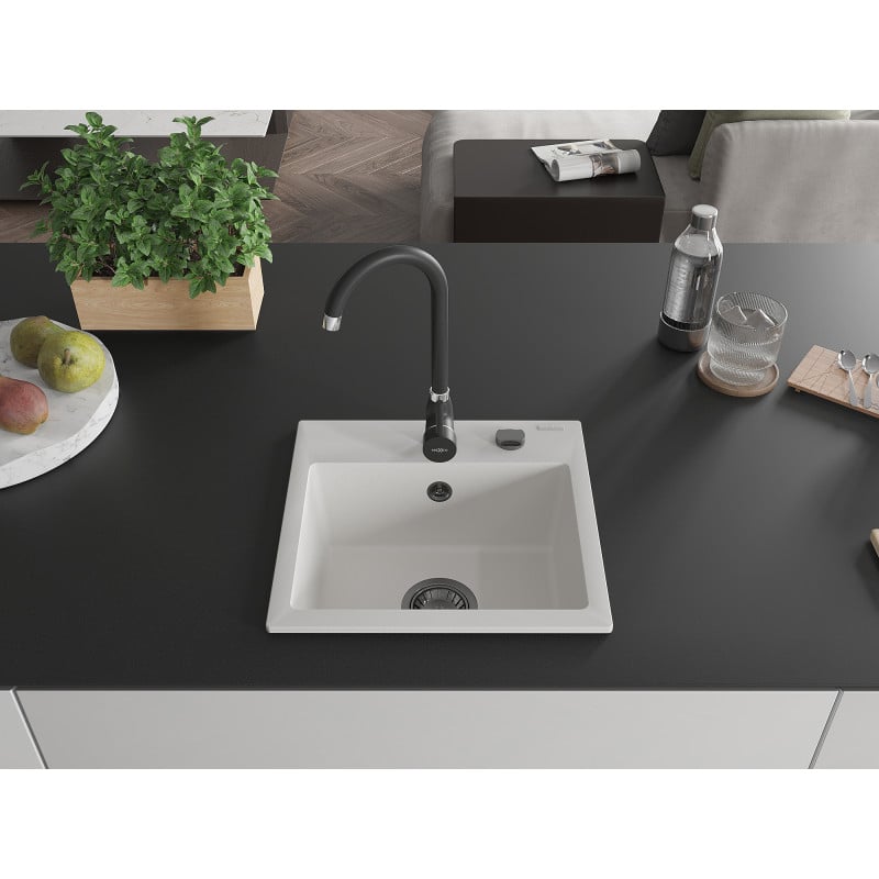 Mexen Milo Granitspüle, 1-beckig, 435 x 410 mm, weiß, schwarzes Siphon - 6505441000-20-B