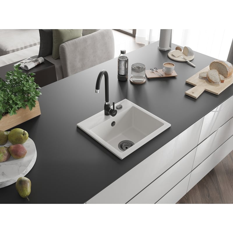Mexen Milo Granitspüle 1-Becken 435 x 410 mm, weiß, schwarzer Siphon - 6505441000-20-B