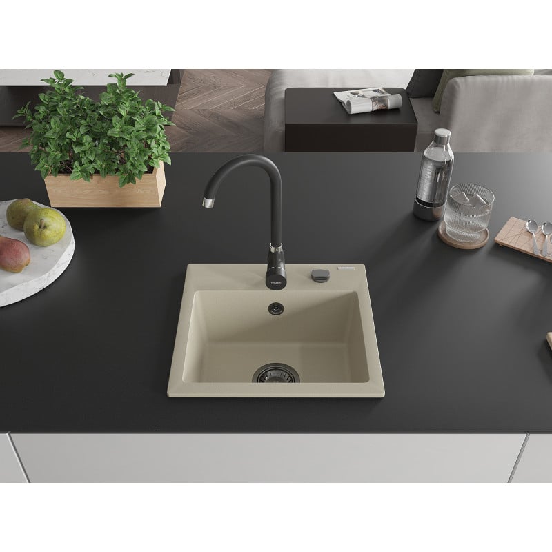 Mexen Milo Granitspüle, 1-beckig, 435 x 410 mm, beige, schwarzer Siphon - 6505441000-69-B
