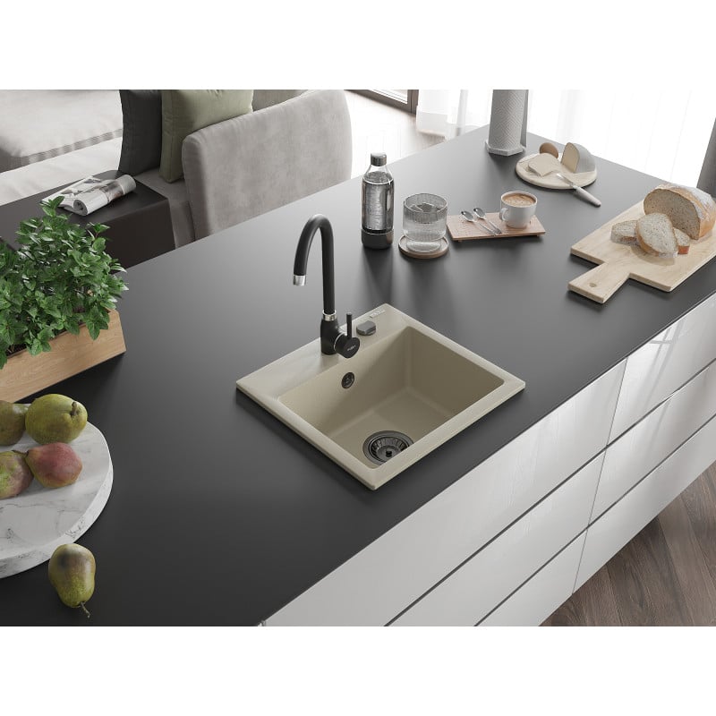 Mexen Milo Granitspüle, 1-beckig, 435 x 410 mm, beige, schwarzer Siphon - 6505441000-69-B