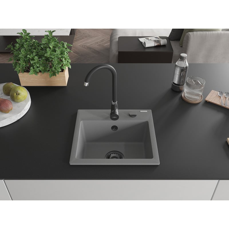 Mexen Milo Granitspüle 1-becken 435 x 410 mm, grau, schwarzer Siphon - 6505441000-71-B