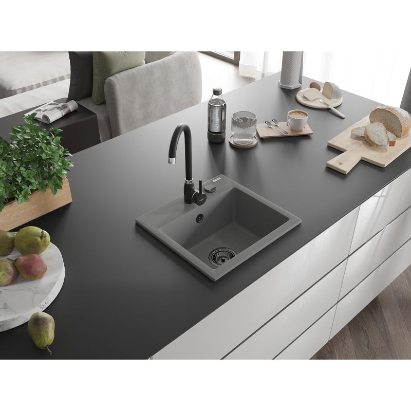 Mexen Milo Granitspüle 1-becken 435 x 410 mm, grau, schwarzer Siphon - 6505441000-71-B