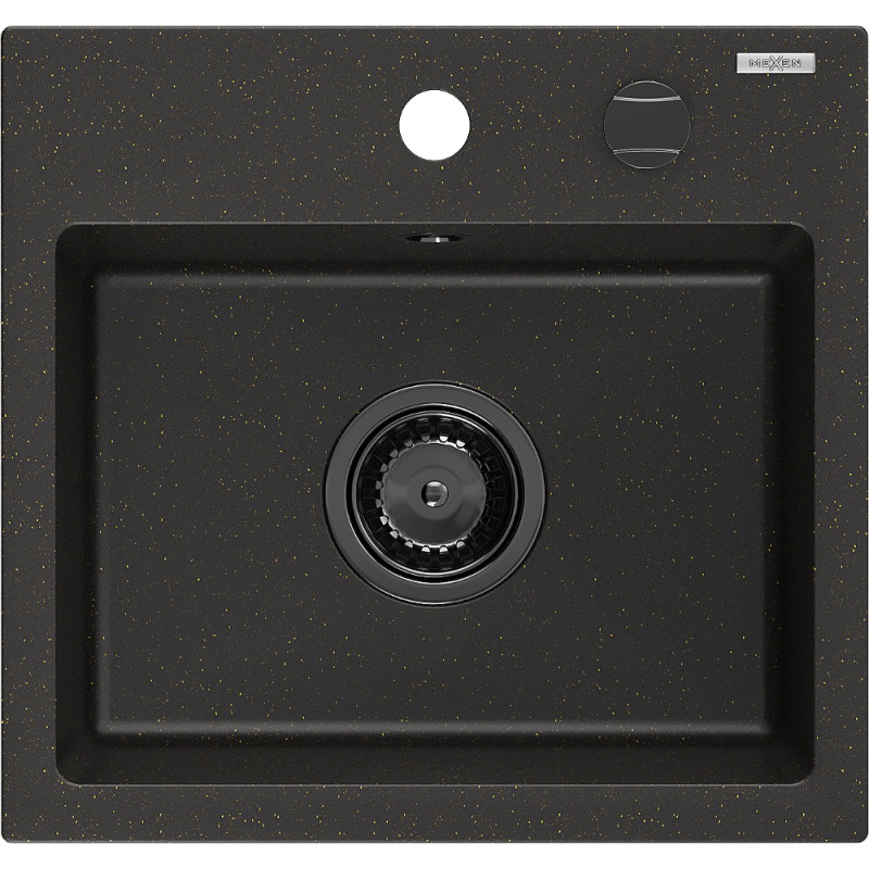 Mexen Milo 1-Kammer Granitspüle 435 x 410 mm, Schwarz/Gold Metallic, Schwarzer Siphon - 6505441000-75-B