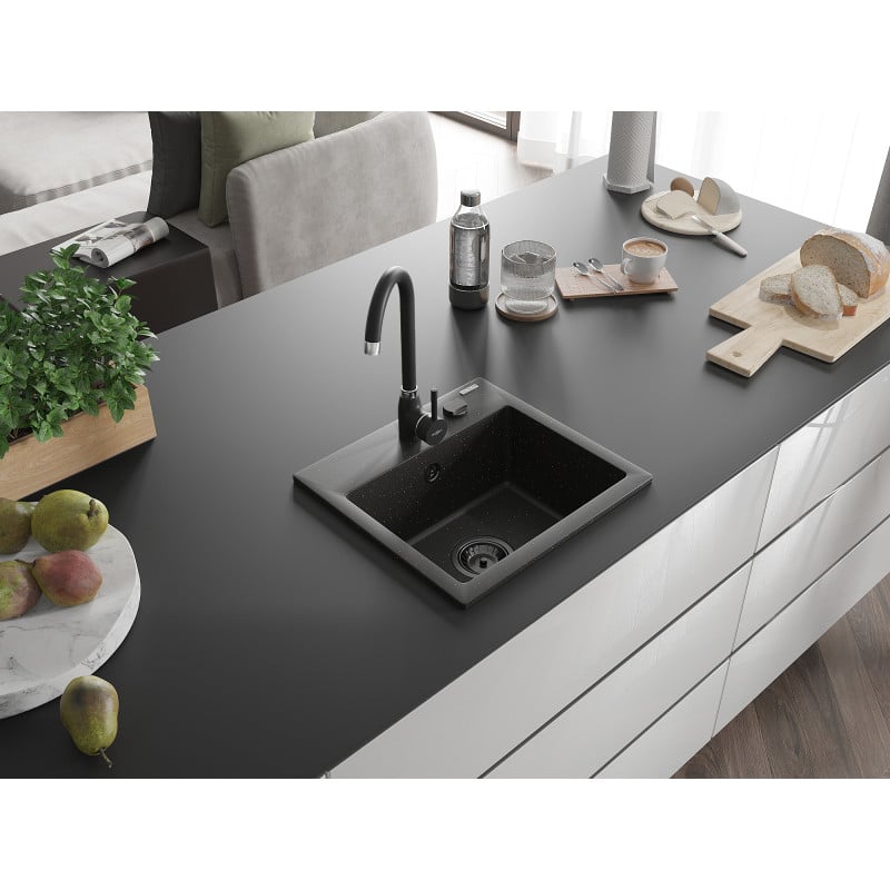 Mexen Milo Granitspüle 1-Becken 435 x 410 mm, schwarz/gold metallic, schwarzer Siphon - 6505441000-75-B