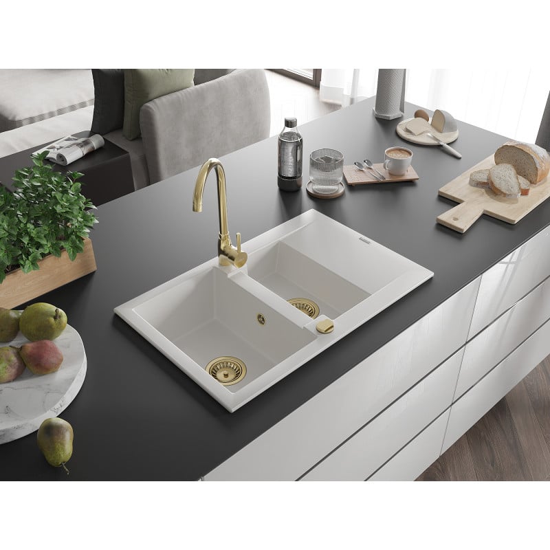 Mexen Gaspar Granitspüle 1,5-Becken mit Abtropffläche 737 x 475 mm, weiß, Siphon gold - 6507731505-20-G