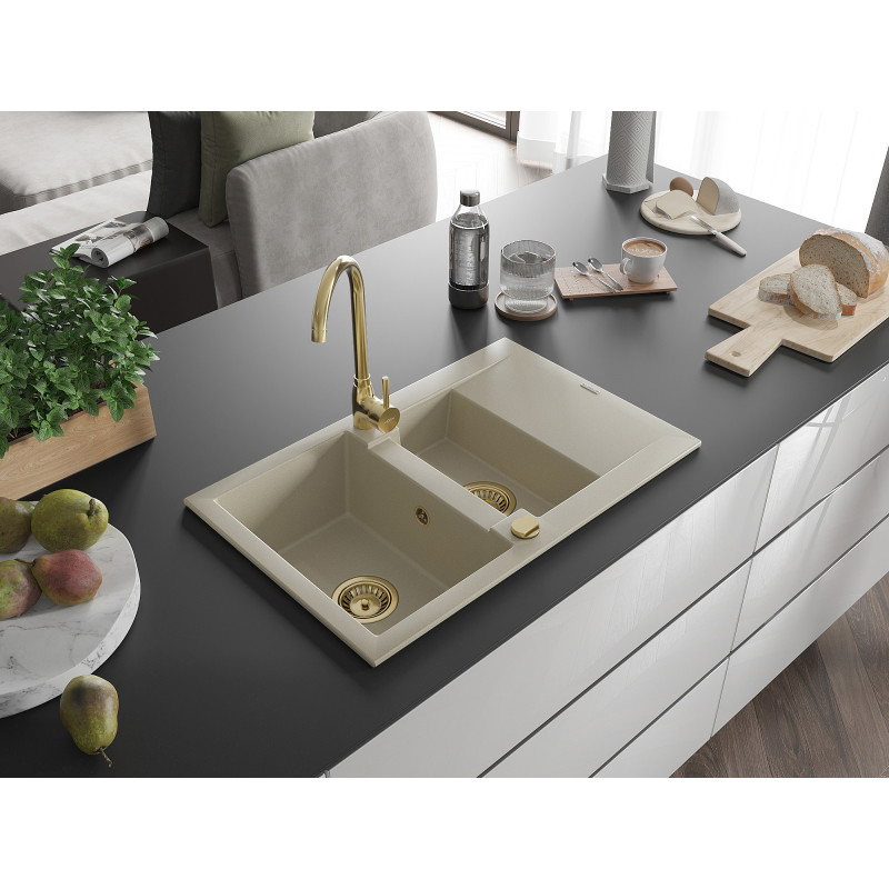 Mexen Gaspar Granitspüle 1,5-beckig mit Abtropffläche 737 x 475 mm, beige, goldener Siphon - 6507731505-69-G