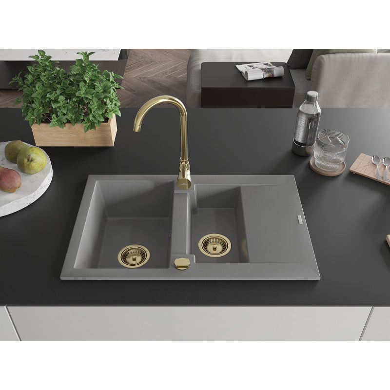 Mexen Gaspar Granitspüle 1,5-beckig mit Abtropffläche 737 x 475 mm, grau, Siphon gold - 6507731505-71-G