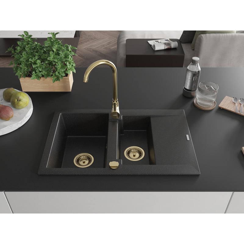 Mexen Gaspar Granitspüle 1,5-Becken mit Abtropffläche 737 x 475 mm, schwarz/silber Metallik, goldener Siphon - 6507731505-73-G