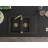 Mexen Gaspar 1,5-Kammer-Granitespüle mit Abtropffläche 737 x 475 mm, schwarz/gold metallic, goldener Siphon - 6507731505-75-G
