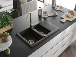 Mexen Gaspar 1,5-Becken-Granitspüle mit Abtropffläche 737 x 475 mm, Schwarz/Gold metallisch, Siphon Gold - 6507731505-75-G